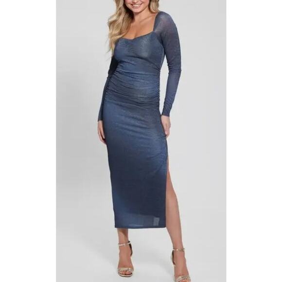GUESS Sharae Shimmer Long Sleeve Body-Con Maxi Dress Sz 12 - Picture 1 of 10